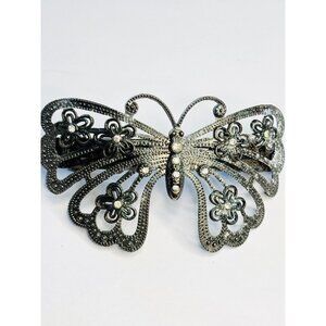 Vintage Rhinestone Butterfly Hair Clip Barrette Metal Floral Design 4.25" Wide E